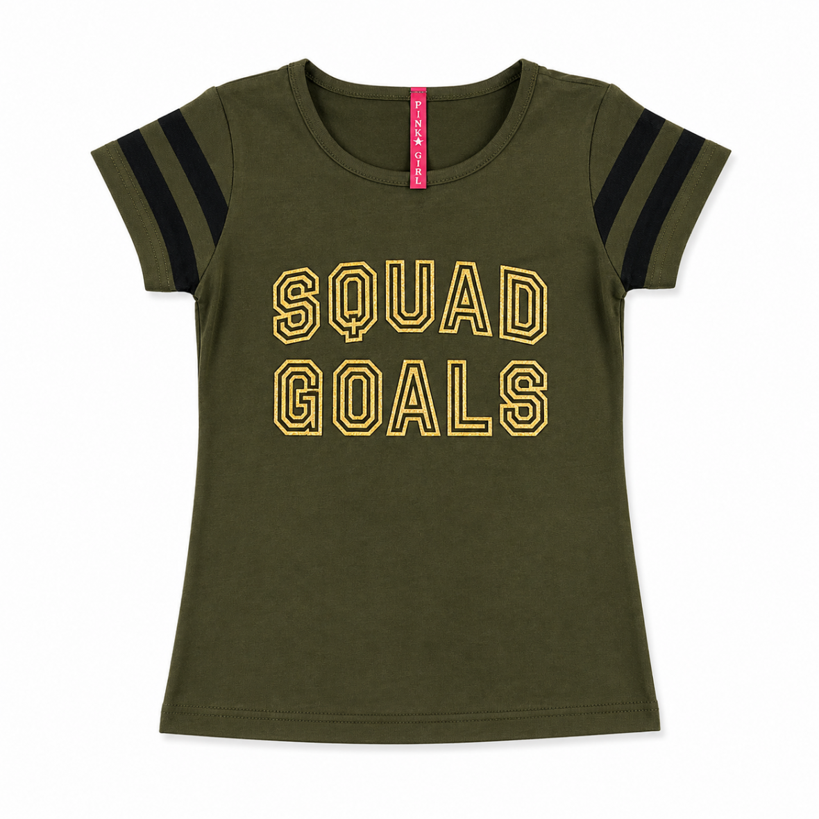 T-shirt fille Squad Goals vert militaire avec imprimé doré
