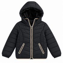 Doudoune noire à capuche bordée de beige