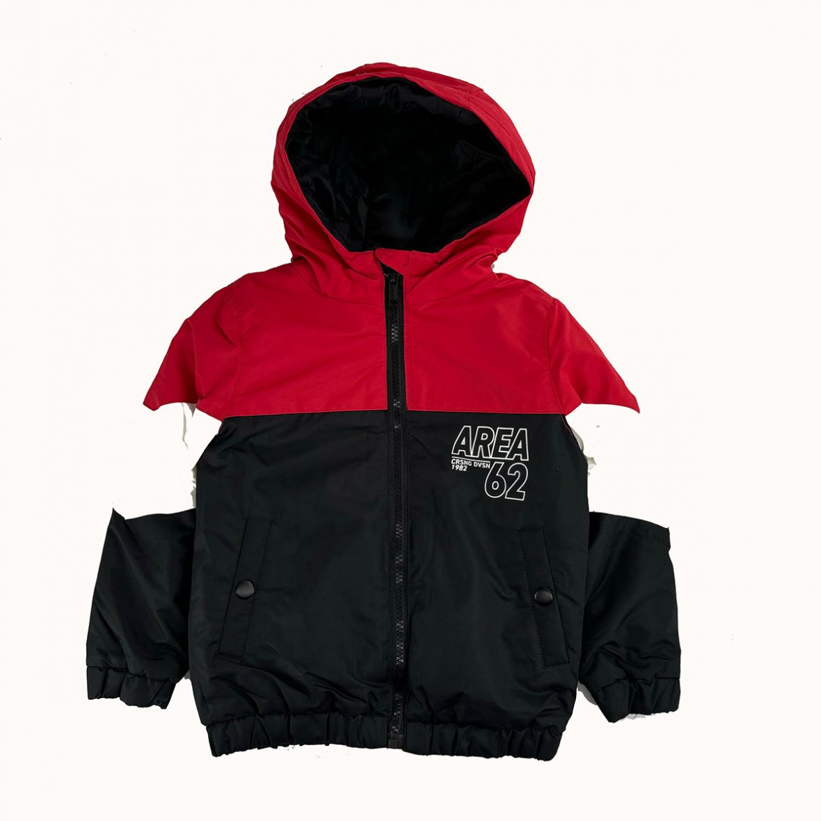 Veste imperméable noire/rouge avec imprimé au dos