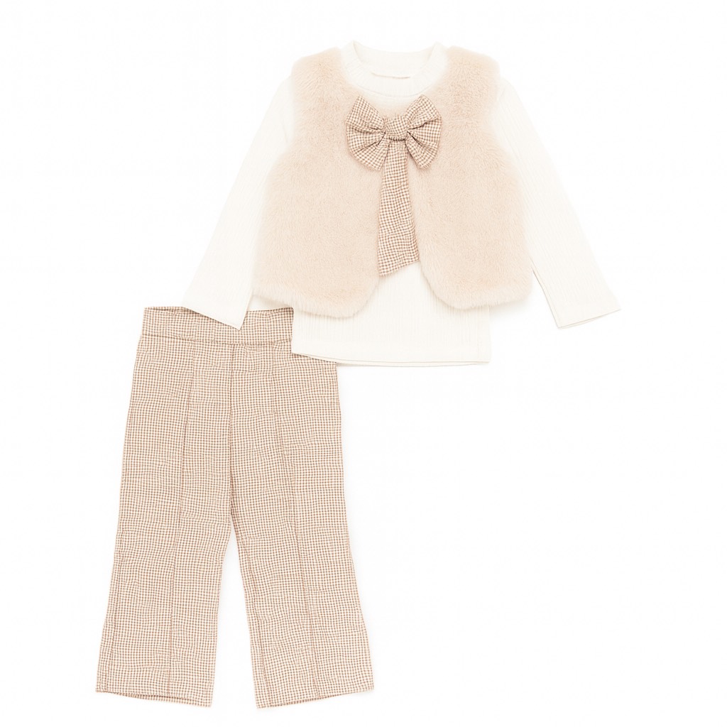 Ensemble pantalon à carreaux gilet fourrure