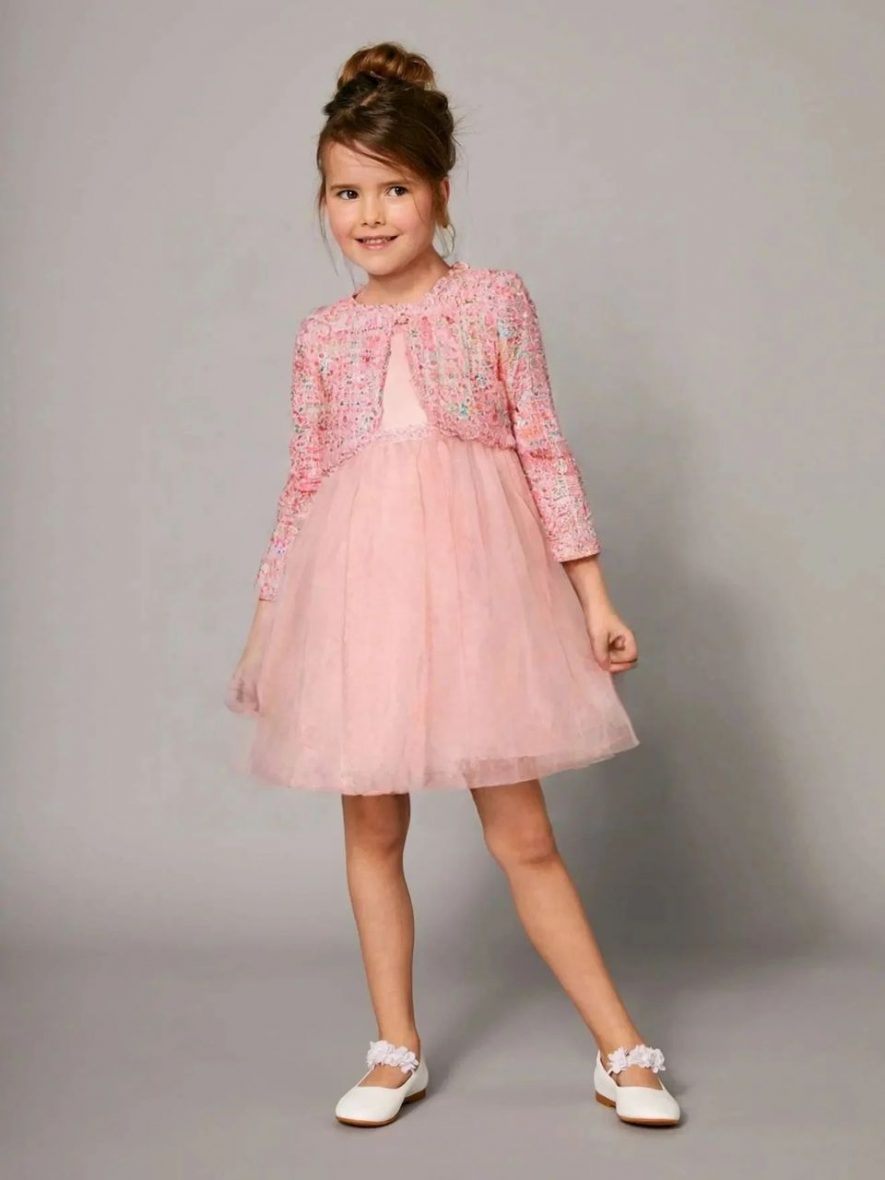Ensemble de robe tutu et veste à carreaux en tweed rose