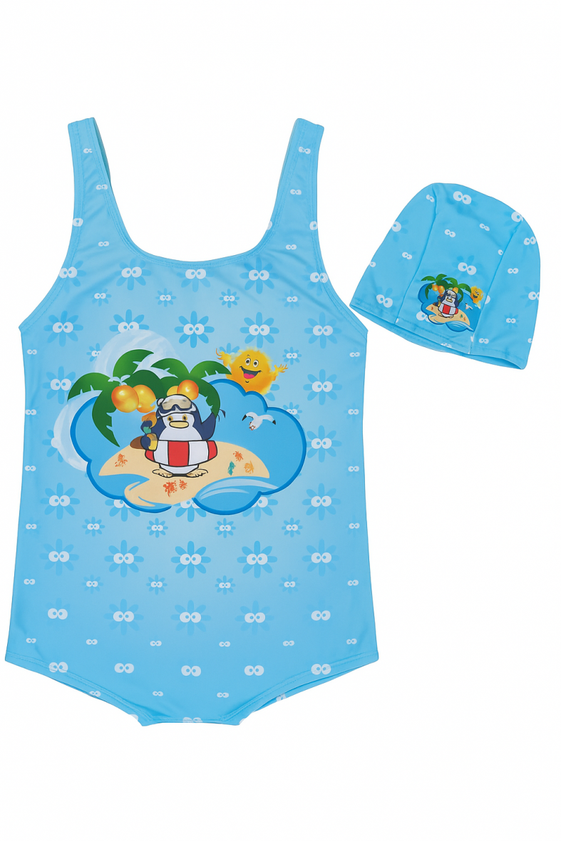 Maillot de bain fille avec bonnet – motif île et pingouin