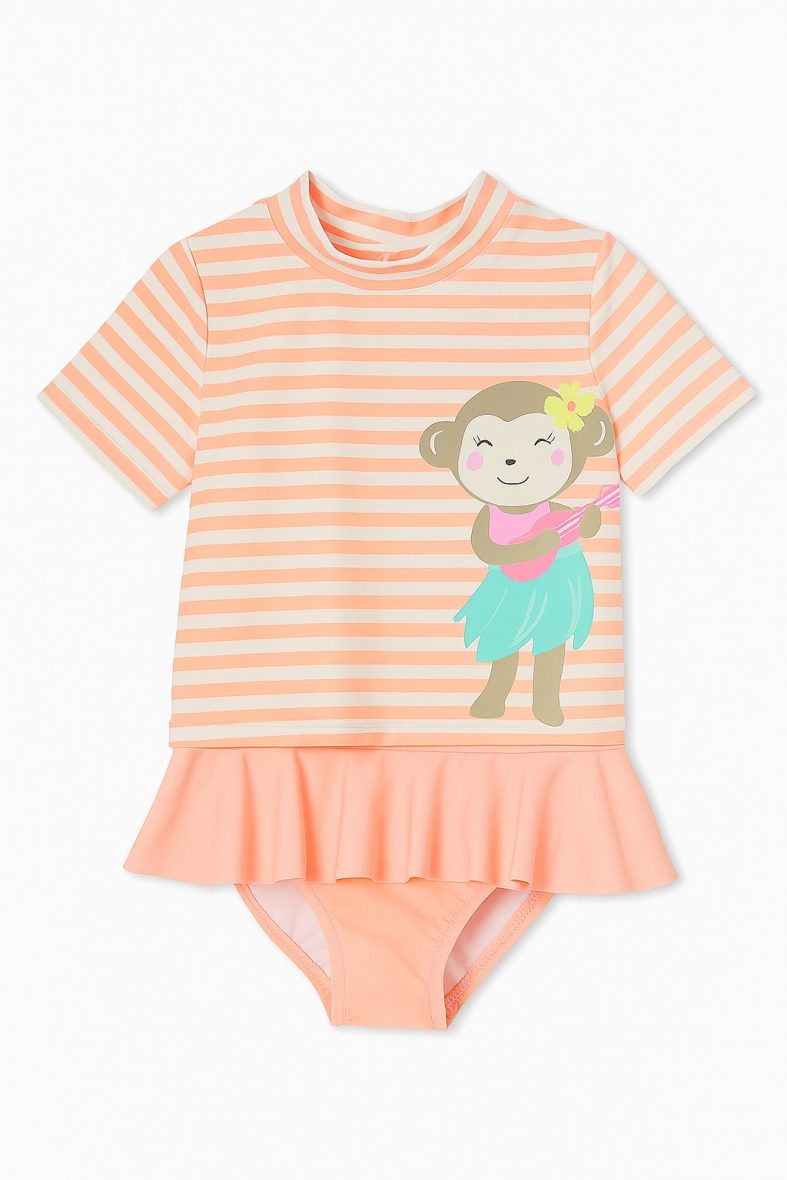 Maillot de bain fille rayé singe ukulélé – Esprit tropical