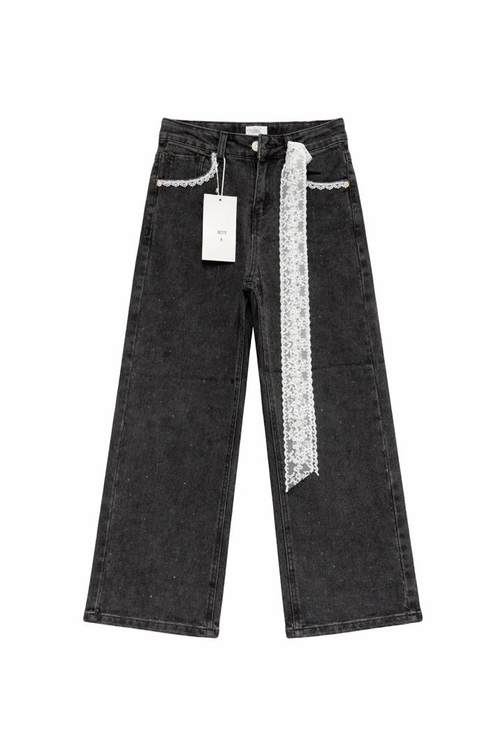 Jean Wide Leg avec Dentelle Intégrée a strasse rayé
