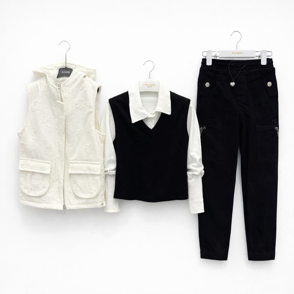 Ensemble Fille 4 Pièces Motif Broderie – Gilet Sans Manche, Pull, Chemise & Pantalon Chic