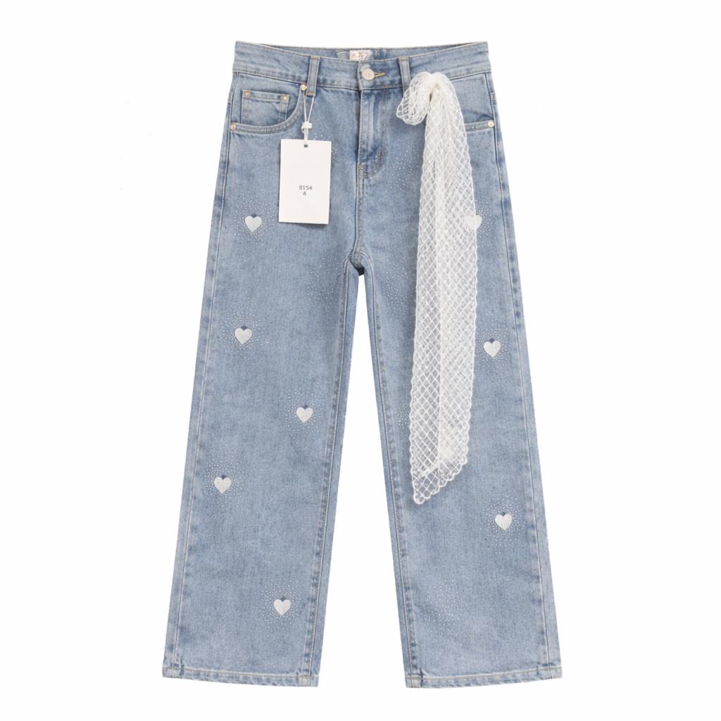 Jean Wide Leg Motif Cœurs avec Foulard Dentelle