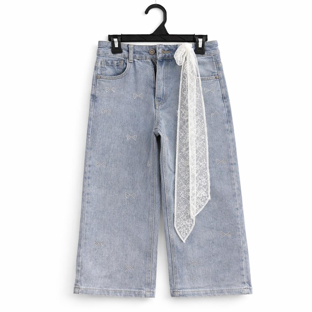 Jean Wide Leg Motif papillons avec Foulard Dentelle