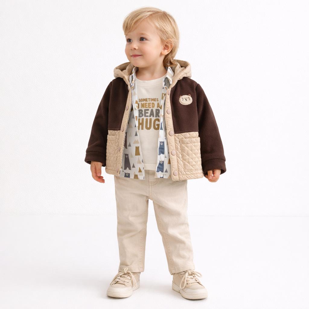 Ensemble Bébé 4 Pièces Ours – Chemise Imprimée, T-Shirt, Veste Matelassée & Pantalon