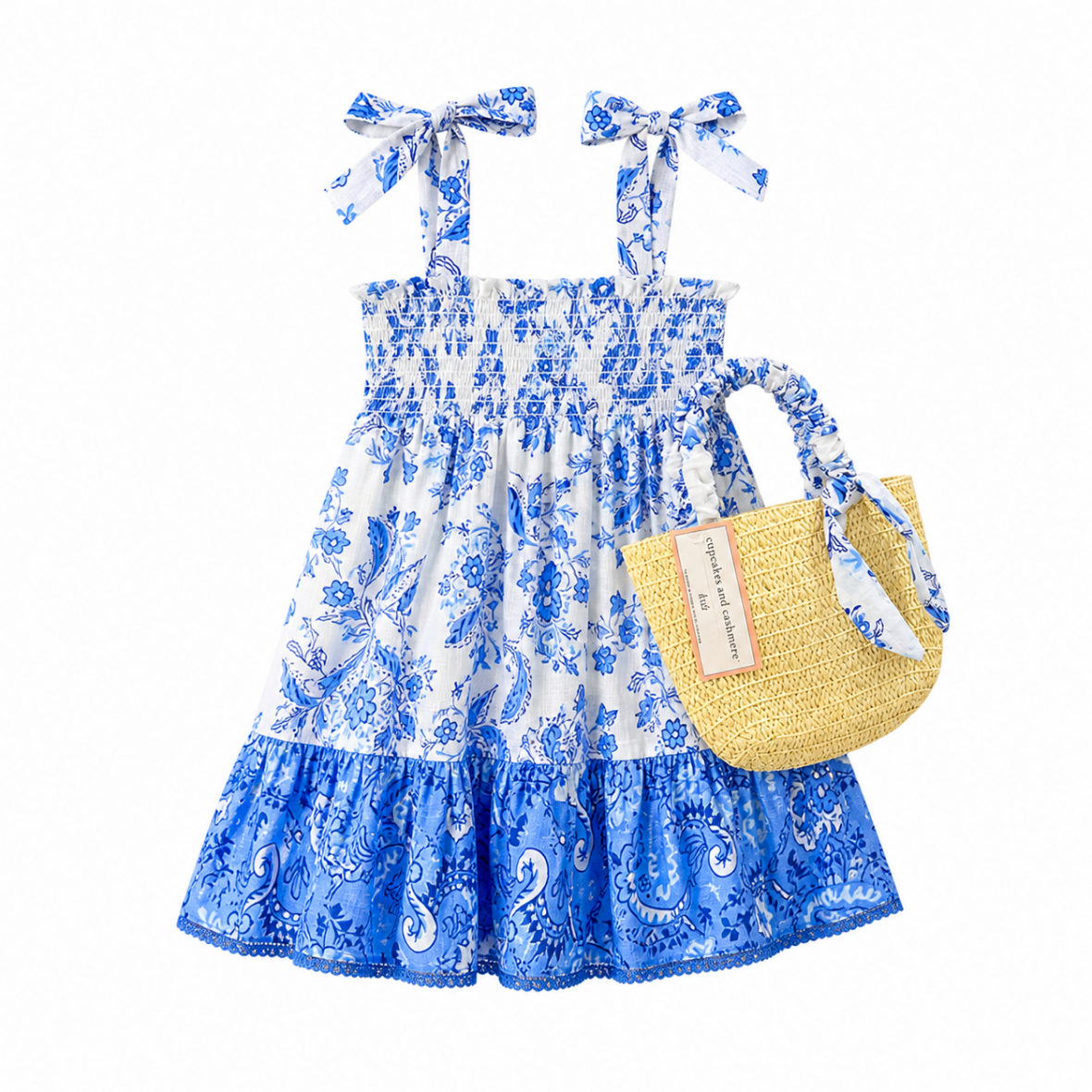 Robe Fille Été Blanche & Bleue avec Sac