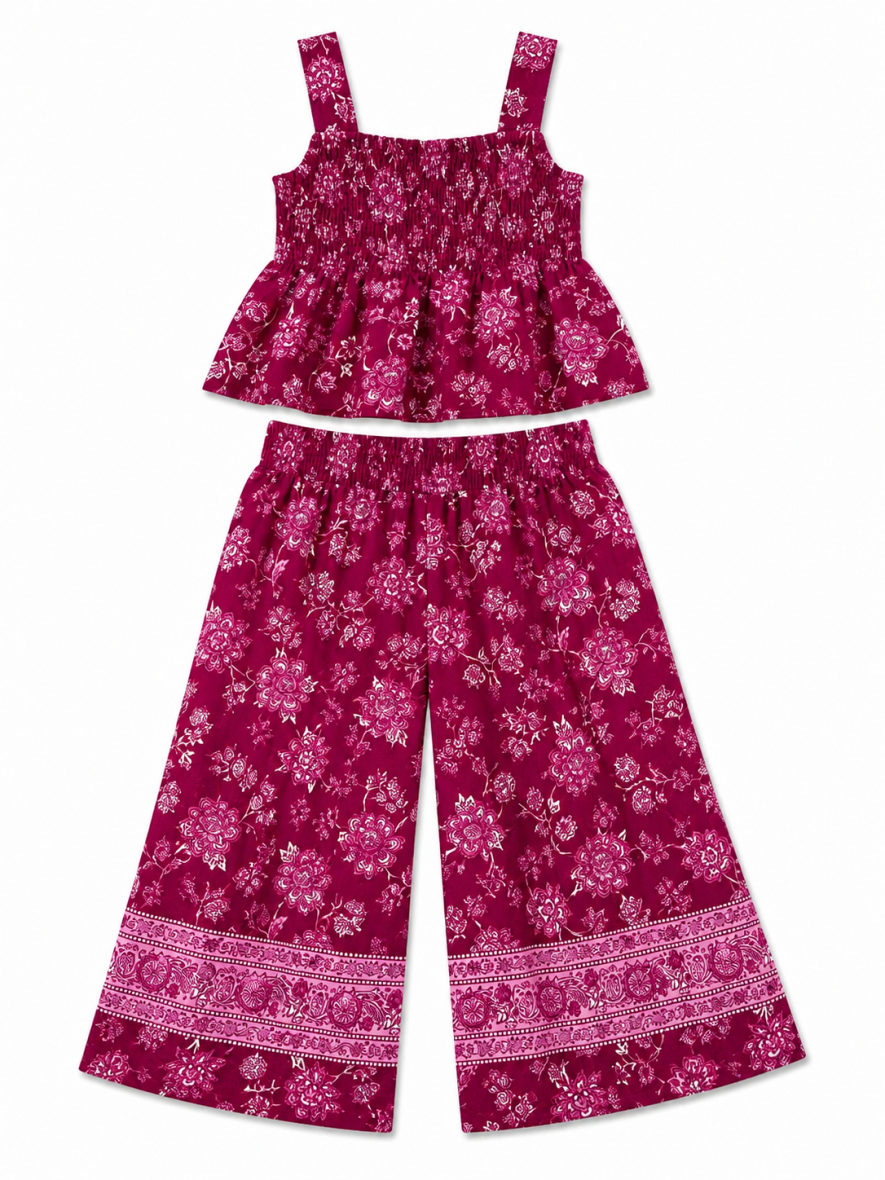 Ensemble fille 3pièces top à bretelles avec barette et pantalon fleuri