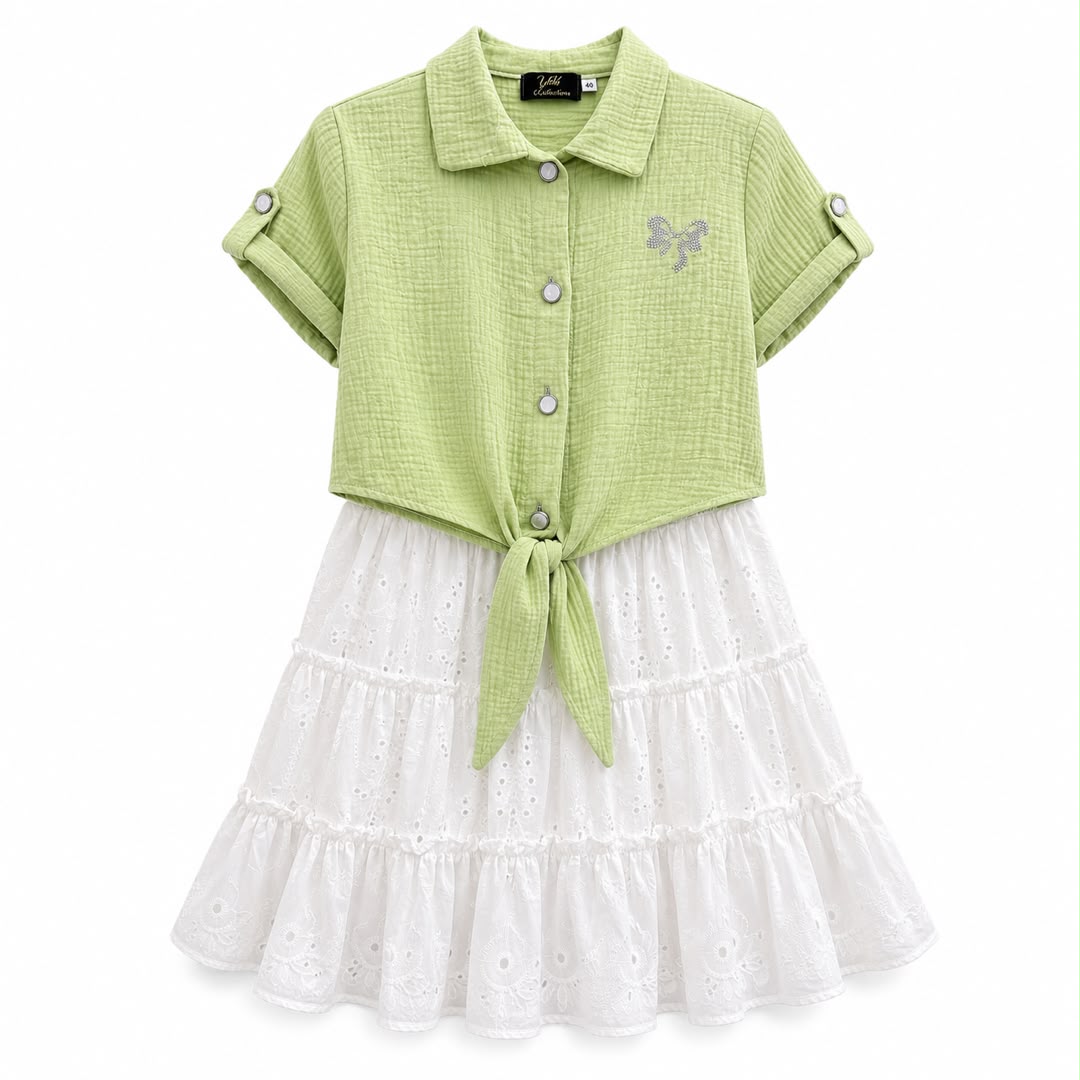 Ensemble fille élégant bi-matière avec chemisier noué