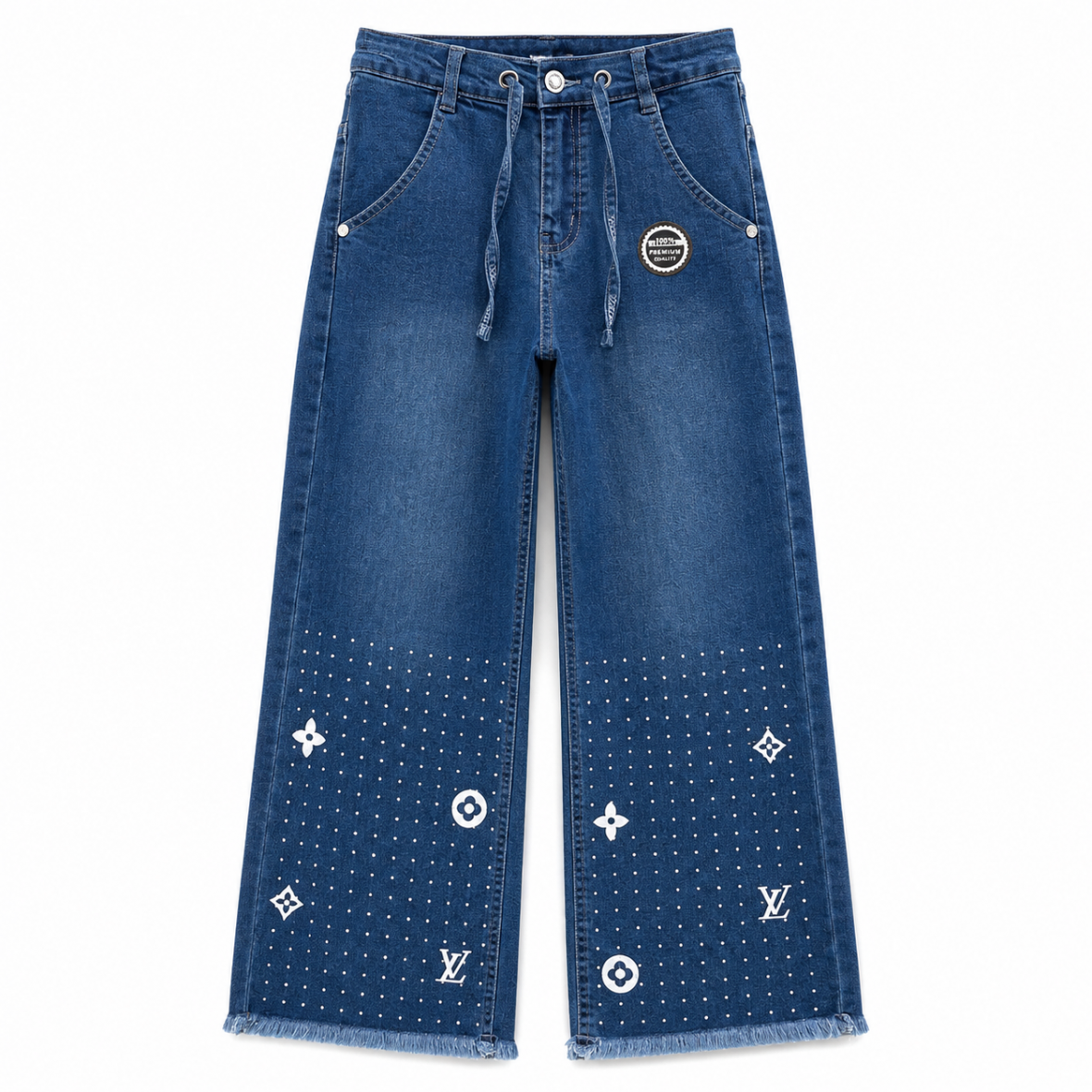 Jean Wide Leg Fille à Strass & Motifs LV