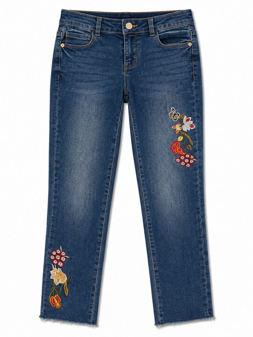 Jean fille évasé à broderies florales