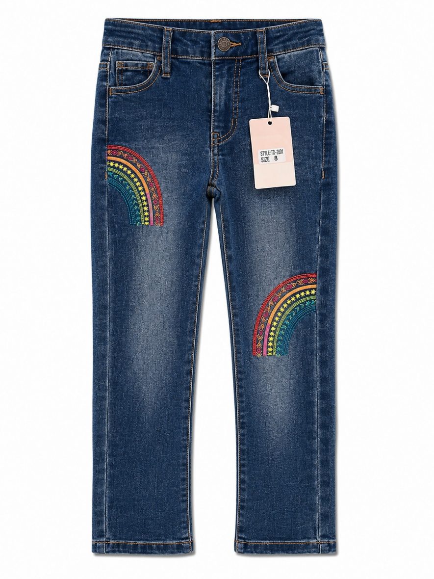Jean fille droit à motifs arc-en-ciel