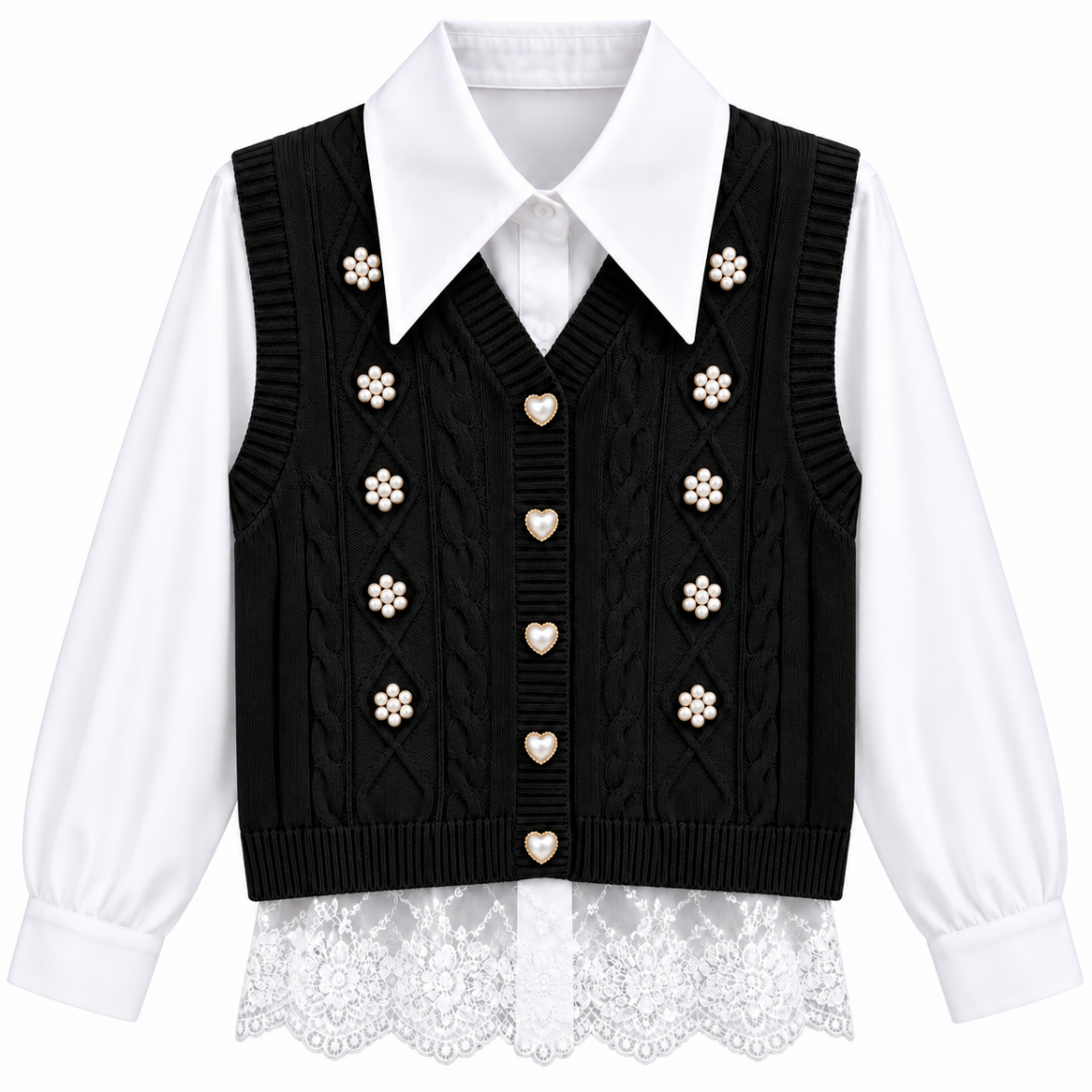Chemisier blanc et gilet noir perlé