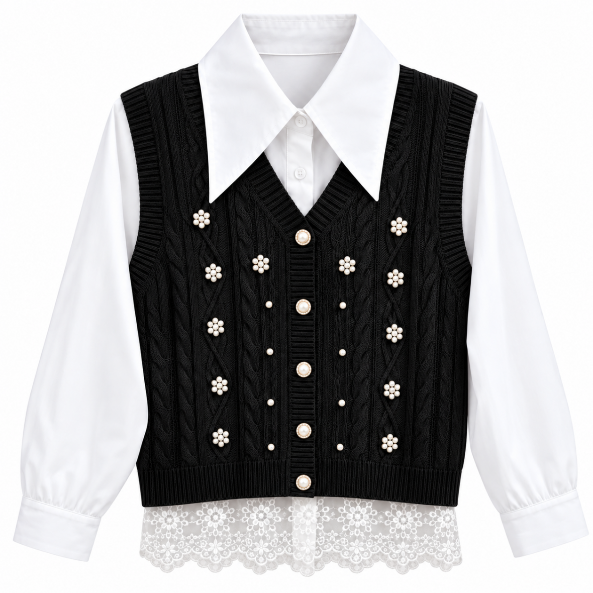 Ensemble noir et blanc orné de perles